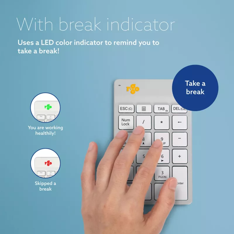 R-Go Tools Numeric keypad R-Go Numpad Break, ergonomic numeric keypad with break software, bluetooth, white