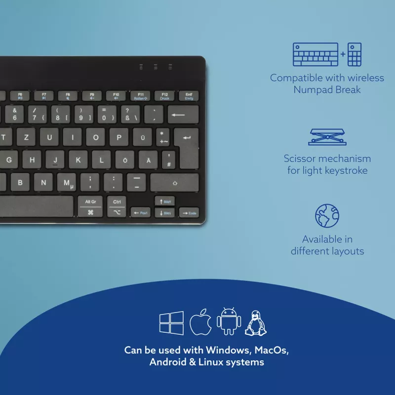 R-Go Tools Ergonomic keyboard R-Go Compact Break, compact keyboard with break software, QWERTZ (DE), Bluetooth, black