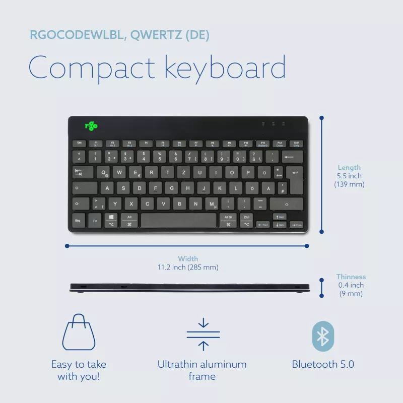 R-Go Tools Ergonomic keyboard R-Go Compact Break, compact keyboard with break software, QWERTZ (DE), Bluetooth, black