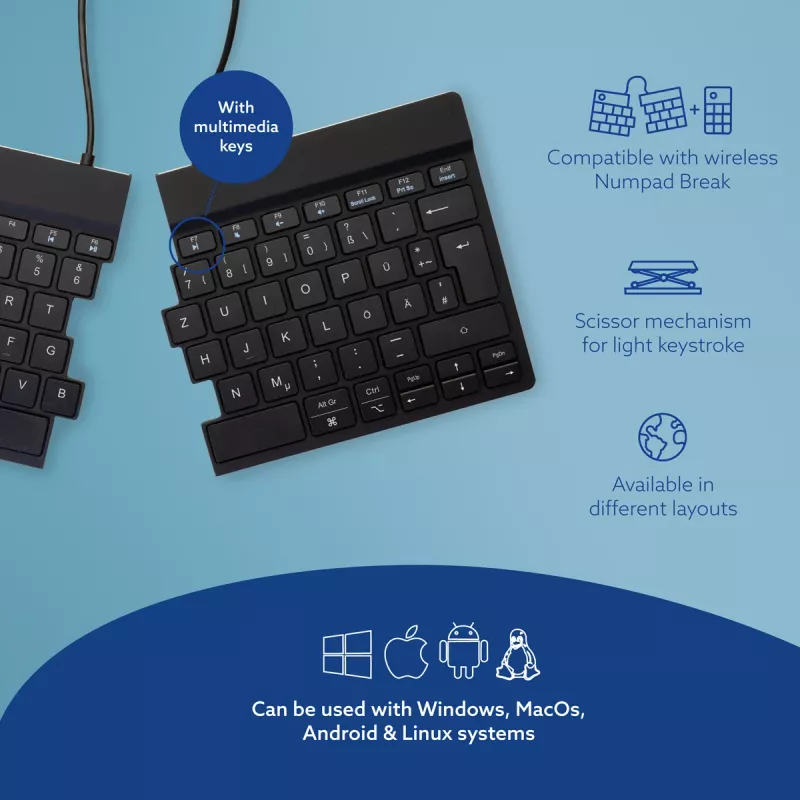 R-Go Tools Ergonomic keyboard R-Go Split Break with break software, ergonomic split keyboard, QWERTZ (DE), Bluetooth, black