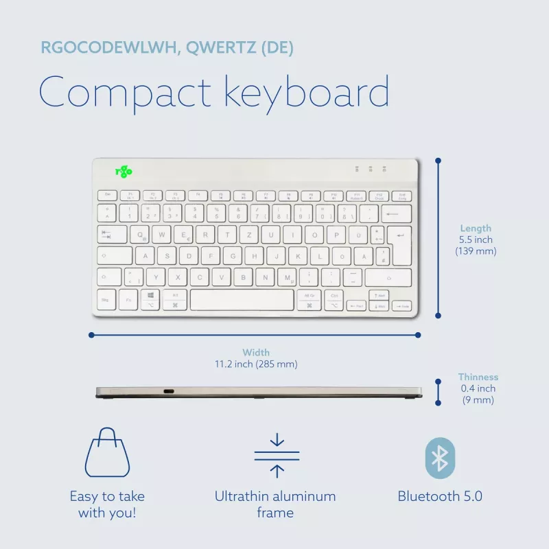 R-Go Tools Ergonomic keyboard R-Go Compact Break, compact keyboard with break software, QWERTZ (DE), Bluetooth, white