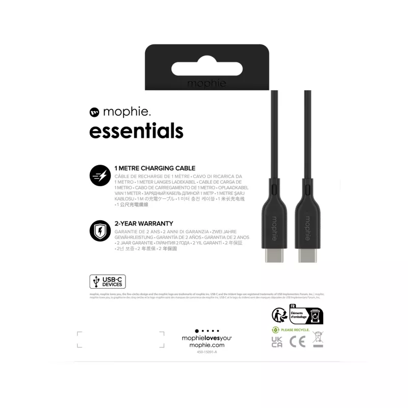 USB-C to USB-C charging cable 1 m — Zagg International mophie essentials, USB 2.0, Black