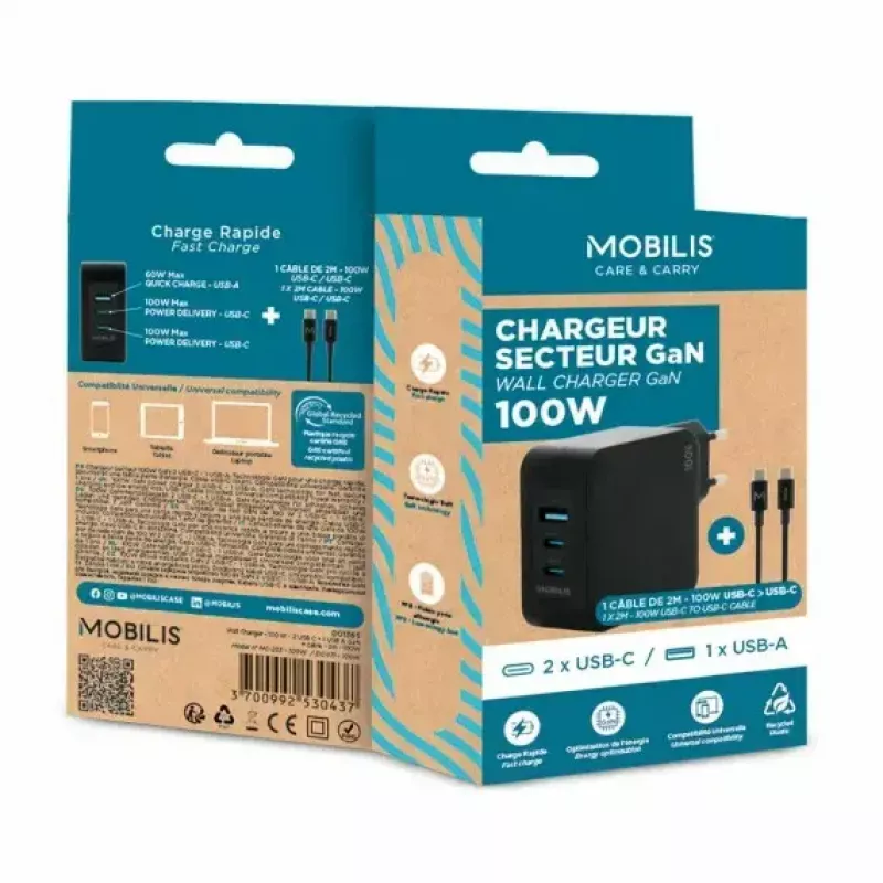 Ravanson Mobilis Charger 100W GaN 2×USB‑C + 1×USB‑A AC indoor — for laptop, smartphone, tablet — Black