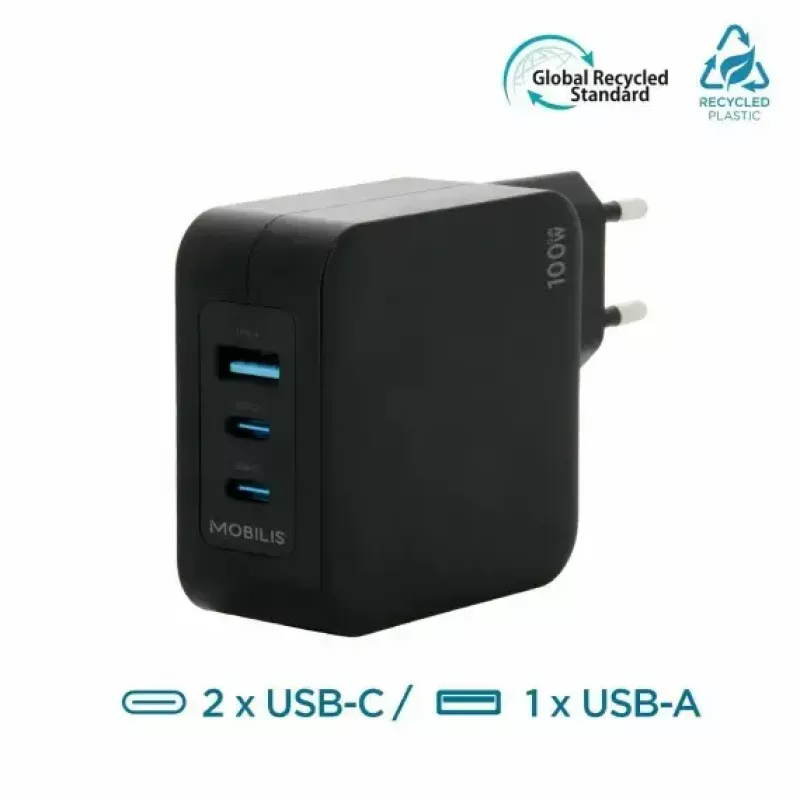 Ravanson Mobilis Charger 100W GaN 2×USB‑C + 1×USB‑A AC indoor — for laptop, smartphone, tablet — Black
