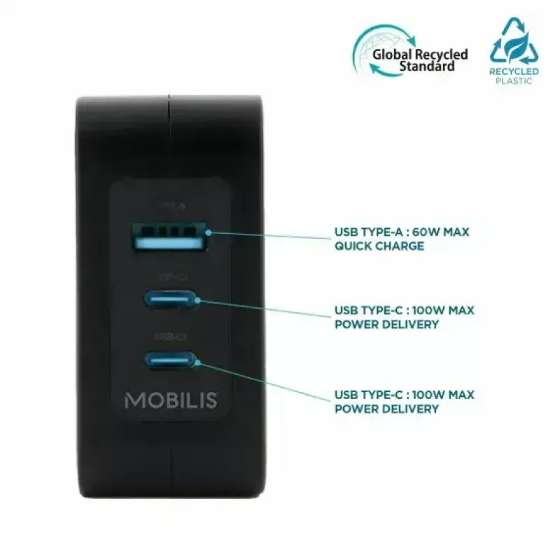 Ravanson Mobilis Charger 100W GaN 2×USB‑C + 1×USB‑A AC indoor — for laptop, smartphone, tablet — Black