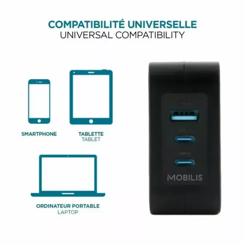 Ravanson Mobilis Charger 100W GaN 2×USB‑C + 1×USB‑A AC indoor — for laptop, smartphone, tablet — Black