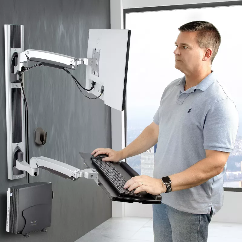 StarTech.com Wall Mount Workstation, VESA Mount For 32 inch Monitors (22lb/10kg), Fully Articulating Single Monitor Mount & Keyboard Tray w/Desktop Computer/PC Bracket, Standing Desk