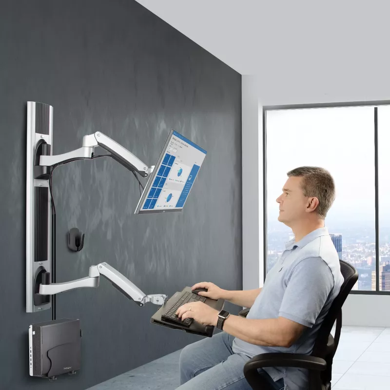 StarTech.com Wall Mount Workstation, VESA Mount For 32 inch Monitors (22lb/10kg), Fully Articulating Single Monitor Mount & Keyboard Tray w/Desktop Computer/PC Bracket, Standing Desk