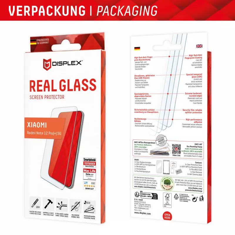 Displex Screen Protector (10H) for Xiaomi Redmi Note 12 Pro(+) 5G, Eco Mounting Frame, scratch resistant