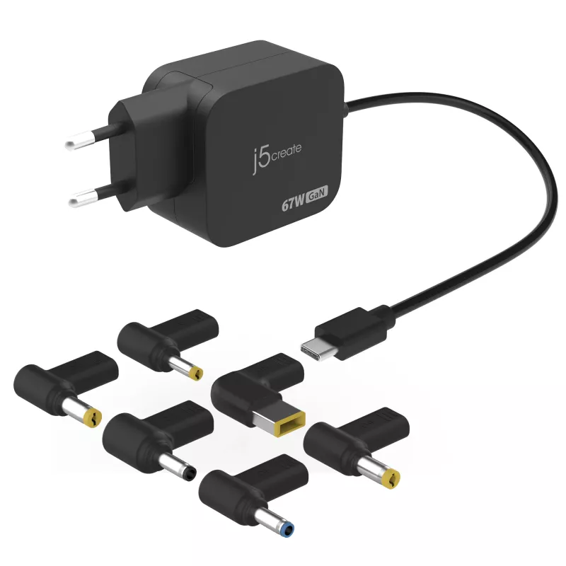 j5create JUP1565DC 67W GaN PD USB-C® Mini Charger with 6 Types of DC Connector-EU, Black