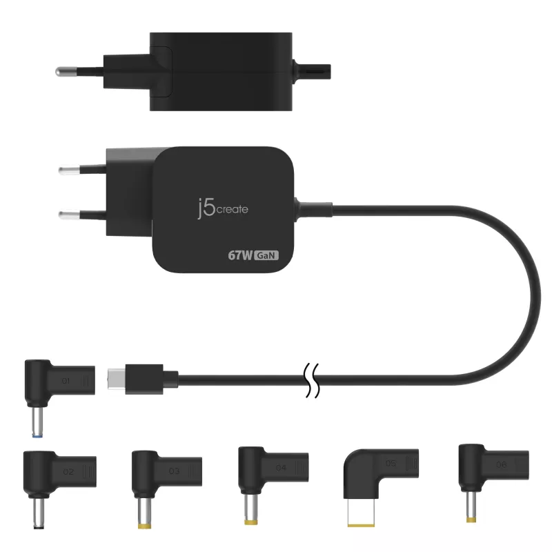 j5create JUP1565DC 67W GaN PD USB-C® Mini Charger with 6 Types of DC Connector-EU, Black