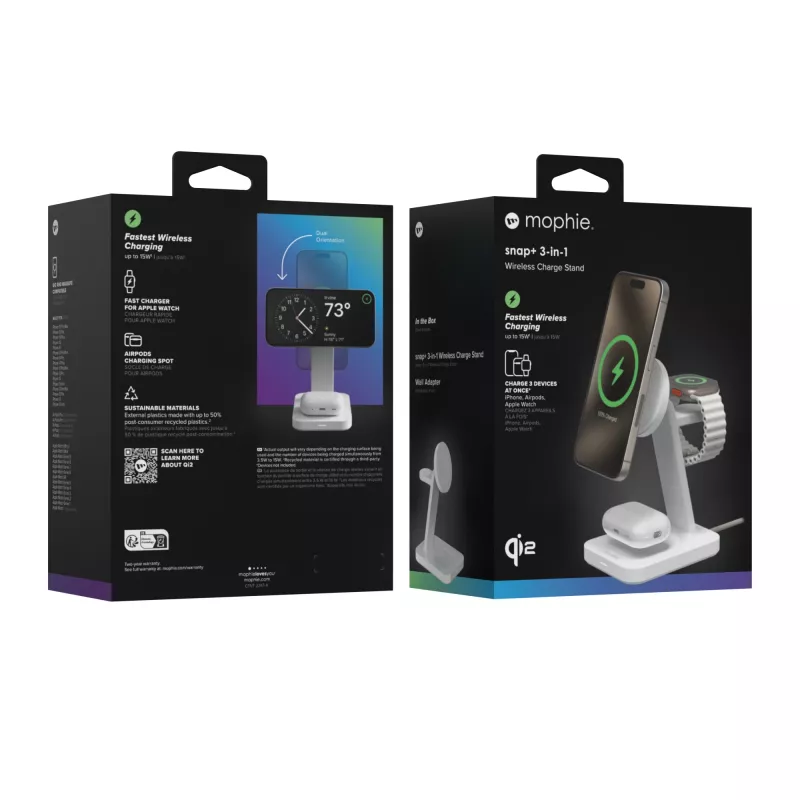 mophie Snap+ 3-in-1 Wireless Charge Stand Headset, Smartphone, Smartwatch White USB Wireless charging Fast charging Indoor