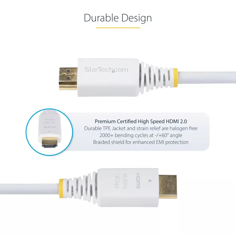 StarTech.com 6ft (1.8m) Premium Certified High Speed HDMI Cable, 4K 60Hz/1440p 144Hz, HDR10/HDCP 2.2/ARC, 18Gbps, UHD HDMI 2.0 Cord for TV/Monitor/Display, TPE Jacket, White