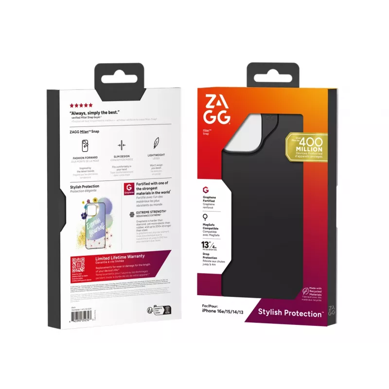 ZAGG Milan Snap Case iPhone 17e/16e/15/14/13 Black, Cover, Apple, iPhone 17e/16e/15/14/13, 15.5 cm (6.1 inch), Black