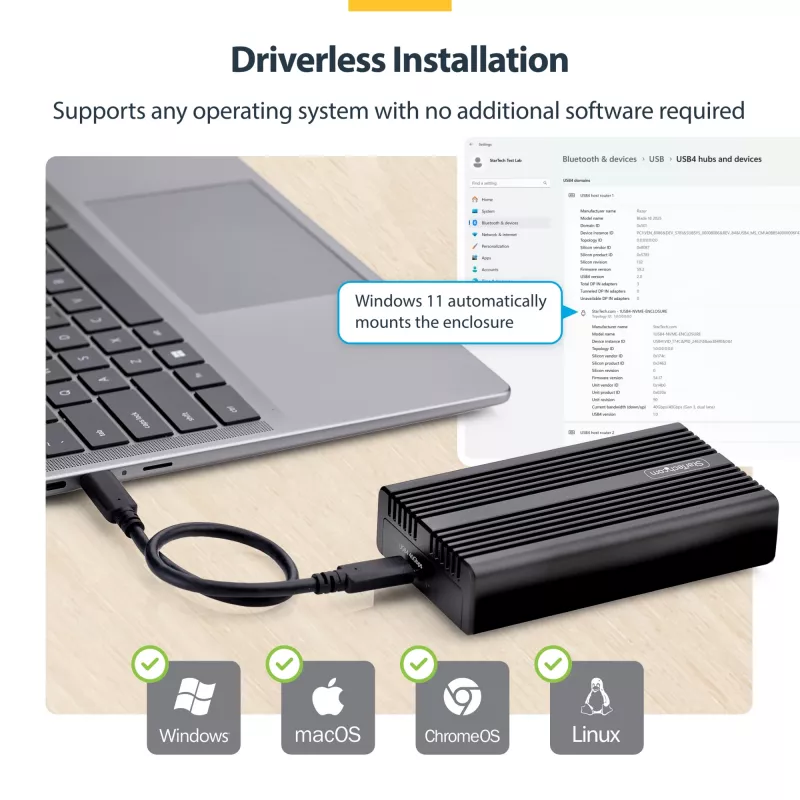 StarTech.com USB4 M.2 NVMe Enclosure, 40Gbps, External USB-C/Thunderbolt NVMe SSD Enclosure, Aluminum Heatsink Case, B+M/M-Key