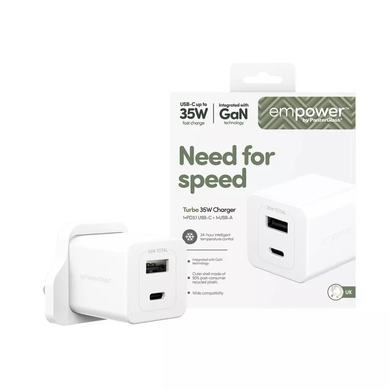 PanzerGlass empower™ by ® Turbo 35W Charger incl. USB-C + USB-A | UK Plug| Silver White