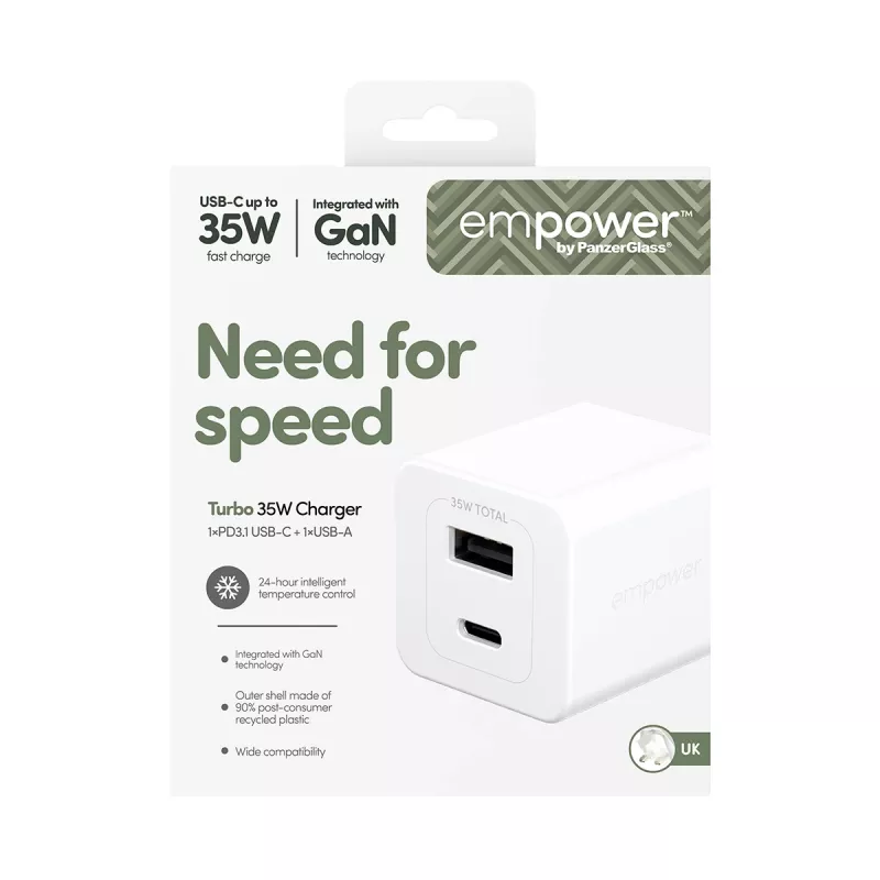PanzerGlass empower™ by ® Turbo 35W Charger incl. USB-C + USB-A | UK Plug| Silver White