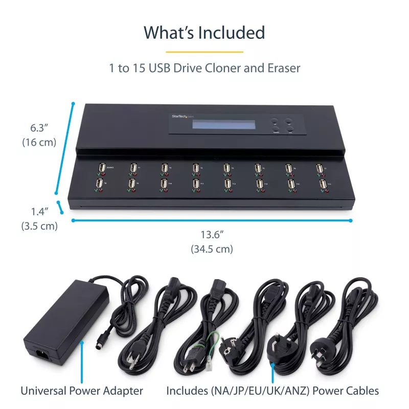 StarTech.com Standalone 1 to 15 USB Thumb Drive Duplicator and Eraser, Multiple USB Flash Drive Copier, System and File and Whole-Drive Copy at 1.5 GB/min, Single and 3-Pass Erase, LCD Display - TAA