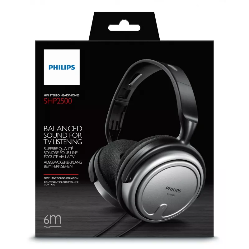 Philips Indoor Corded TV Headphone SHP2500/10, Wired, 15 - 22000 Hz, Music, 909 g, Headphones, Black, Silver