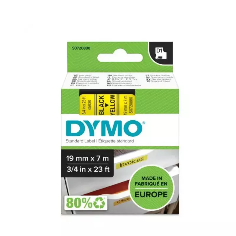 DYMO Authentic D1 Labels | Black Print on Yellow Tape | 19 mm x 7 m | Self-Adhesive Labels for LabelManager Label Makers | Made in Europe