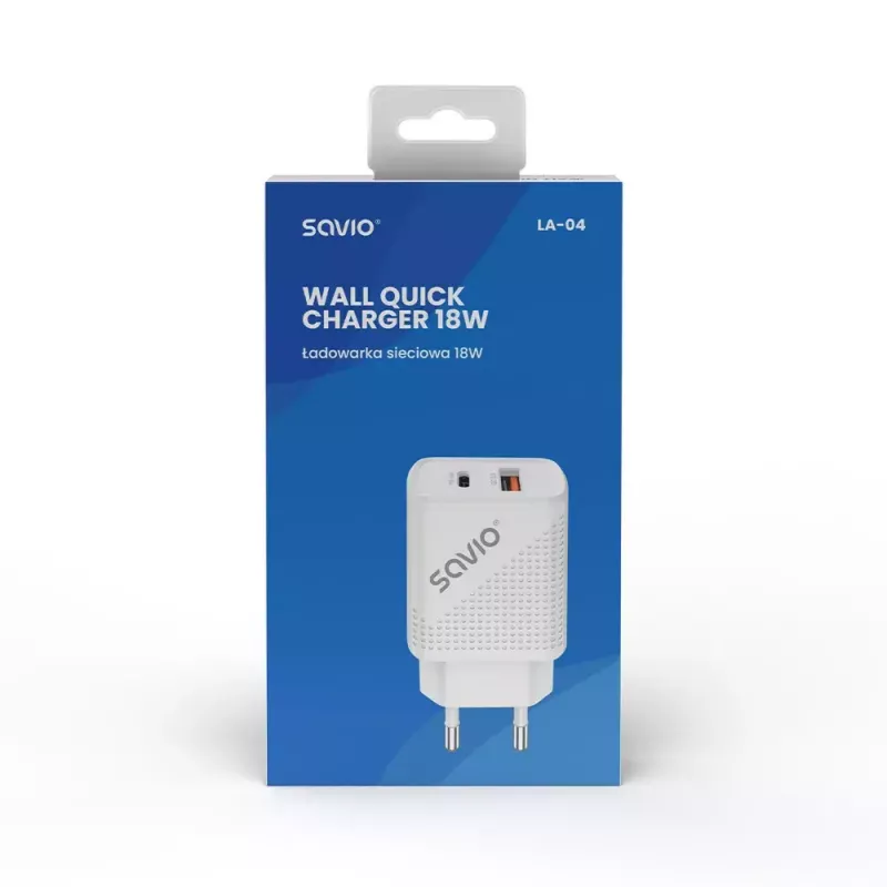 Indoor Charger SAVIO LA-04 USB Type-A & Type-C, 18W, PD 3.0 Quick Charge, 2x USB-A + 1x USB-C, 100–240V, white