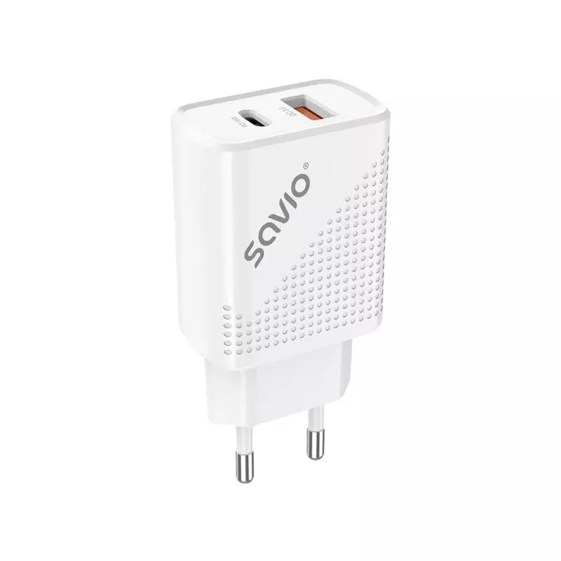 Indoor Charger SAVIO LA-04 USB Type-A & Type-C, 18W, PD 3.0 Quick Charge, 2x USB-A + 1x USB-C, 100–240V, white