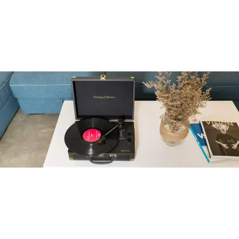 Turntable Muse MT-103 GD Black — 33/45/78 RPM, AC adapter 100–240V, compact 350×113×255 mm, 2.7–3 kg
