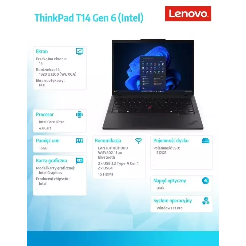 Laptop Lenovo ThinkPad T14 G6 14.0 inch Ultra 5 225U 16GB 512GB INT W11Pro Black