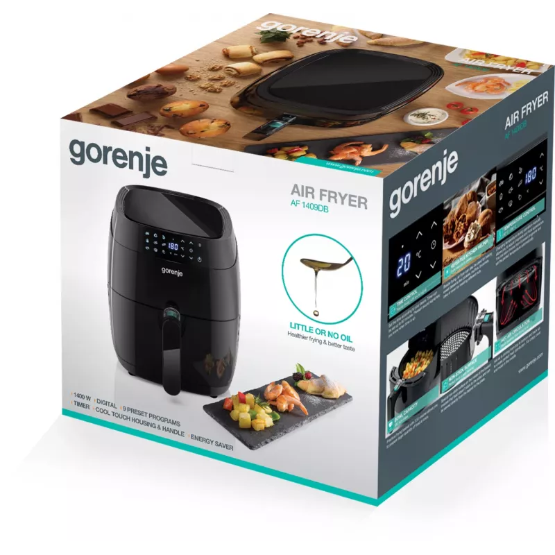 Hot air fryer Gorenje AF1409DB — 3.2 L capacity, 1400 W, LED display, min temp 90 °C, black