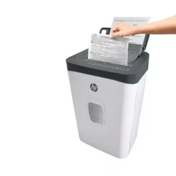 Paper shredder HP ONESHRED Auto 200CC — auto-feeding 200-sheet capacity, micro-cut P-4, 28 L bin, white-gray
