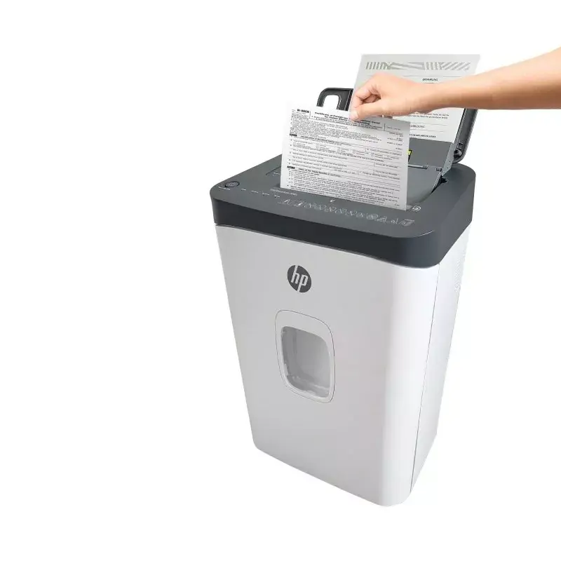 Paper shredder HP ONESHRED Auto 200CC — auto-feeding 200-sheet capacity, micro-cut P-4, 28 L bin, white-gray