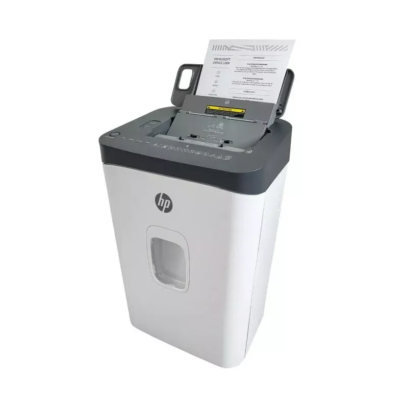 Paper shredder HP ONESHRED Auto 200CC — auto-feeding 200-sheet capacity, micro-cut P-4, 28 L bin, white-gray