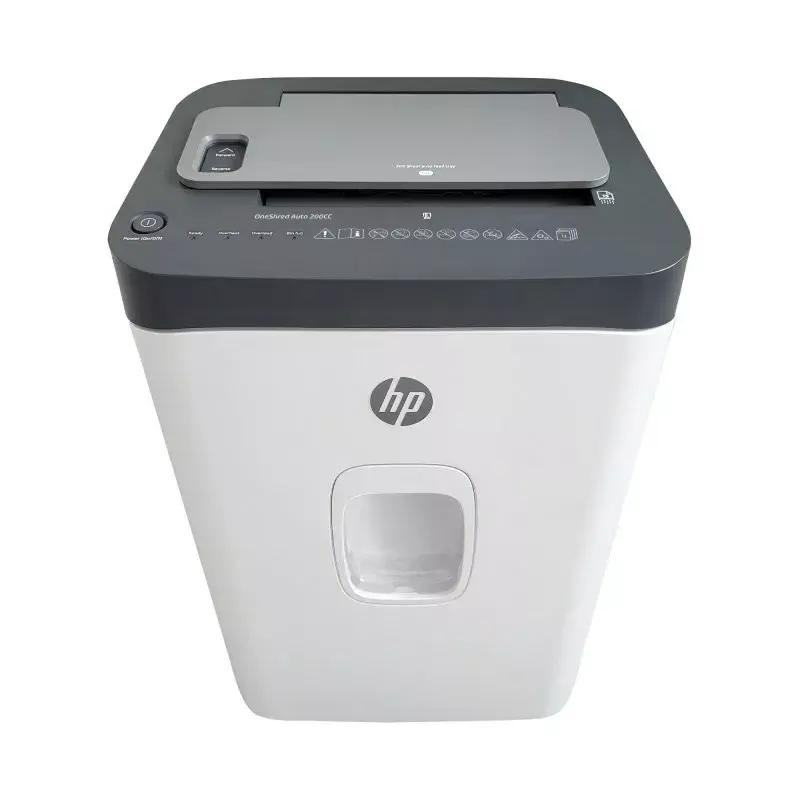 Paper shredder HP ONESHRED Auto 200CC — auto-feeding 200-sheet capacity, micro-cut P-4, 28 L bin, white-gray