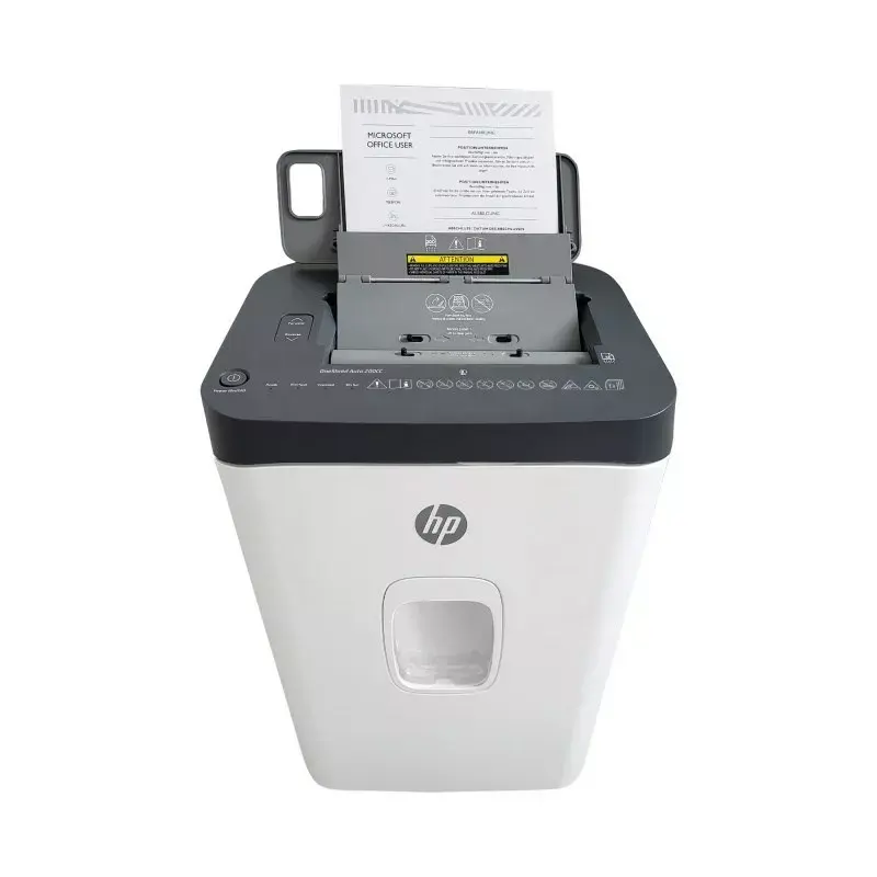 Paper shredder HP ONESHRED Auto 200CC — auto-feeding 200-sheet capacity, micro-cut P-4, 28 L bin, white-gray