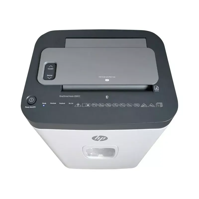 Paper shredder HP ONESHRED Auto 200CC — auto-feeding 200-sheet capacity, micro-cut P-4, 28 L bin, white-gray