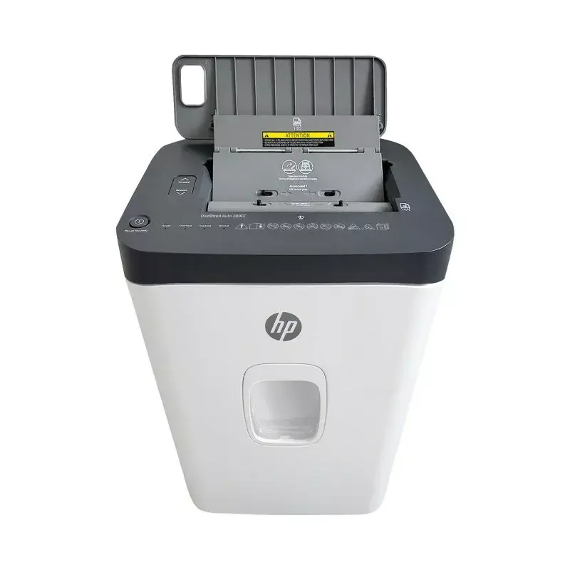Paper shredder HP ONESHRED Auto 200CC — auto-feeding 200-sheet capacity, micro-cut P-4, 28 L bin, white-gray