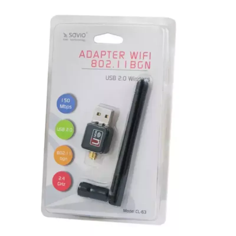 USB WLAN adapter SAVIO CL-63, single-band 2.4 GHz, 150 Mbit/s, Realtek RTL8188CU, external antenna, USB 2.0