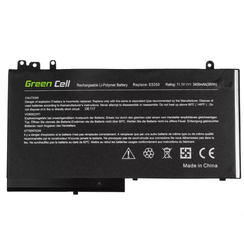 Battery Green Cell DE117 for DELL Latitude 11 3150/3160, 12/ E5250/E5270 — LiPo 11.1V 3400mAh, 4 cells, black