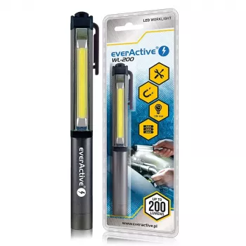 Clip flashlight everActive WL200, 3 W 200 lm, aluminium housing, IPX4, 3×AAA, length 161.7 mm, black