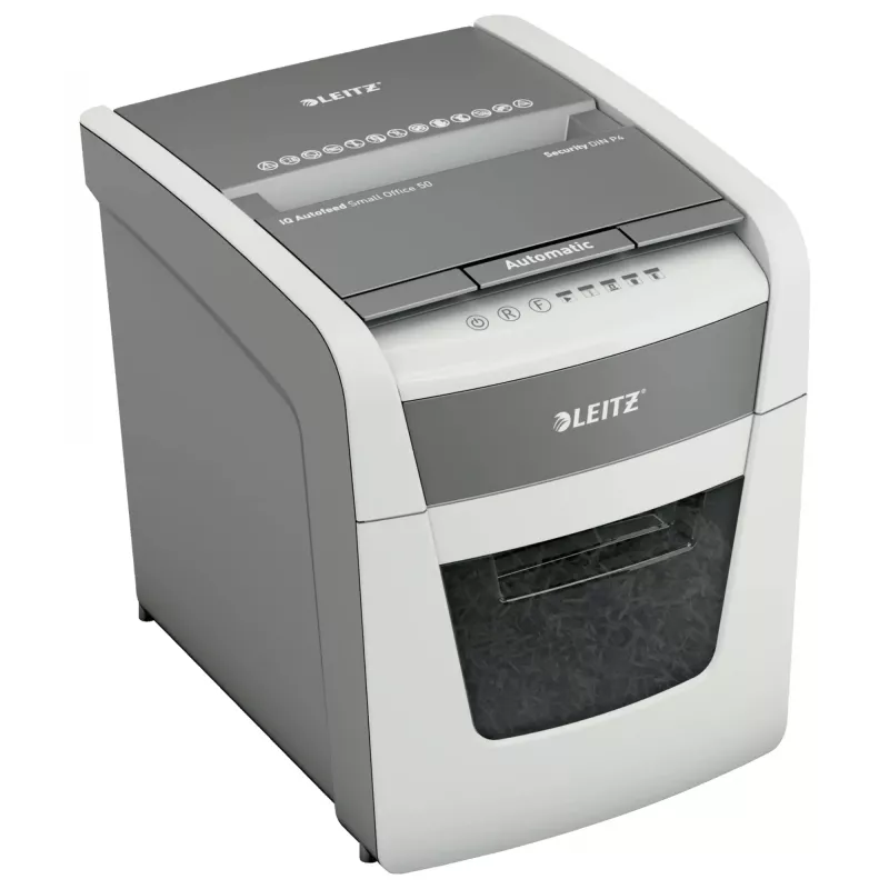 Paper shredder LEITZ IQ Autofeed Small Office50 P4 — micro-cut 4x28 mm, 50-sheet autofeed, 22 cm entry, 20 L bin