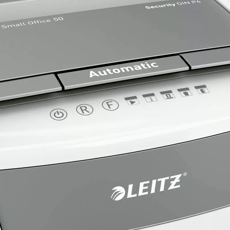 Paper shredder LEITZ IQ Autofeed Small Office50 P4 — micro-cut 4x28 mm, 50-sheet autofeed, 22 cm entry, 20 L bin