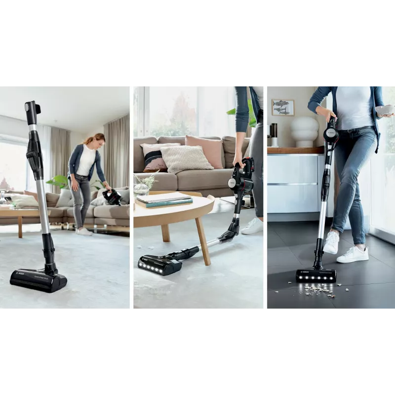 Stick vacuum Bosch BCS711PET — cordless 18V, 40 min runtime, 0.3 L bagless, for hard floors and carpets, red/black