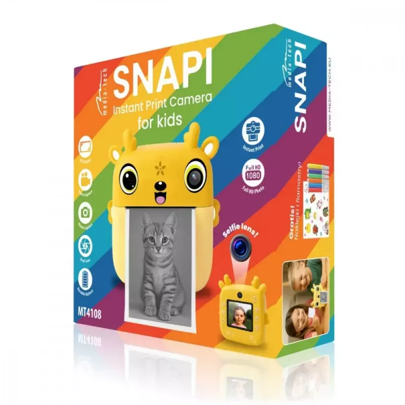 Children's digital camera MEDIA-TECH SNAPI MT4108 — 8 MP interpolated, 1280x720 LCD, 1000 mAh, USB-C, microSD slot, yellow