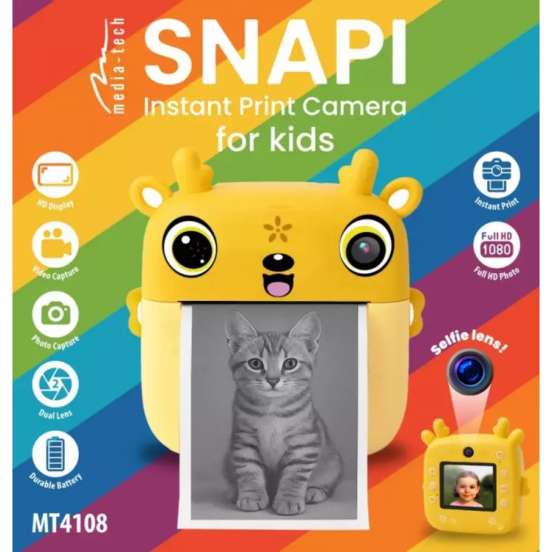 Children's digital camera MEDIA-TECH SNAPI MT4108 — 8 MP interpolated, 1280x720 LCD, 1000 mAh, USB-C, microSD slot, yellow