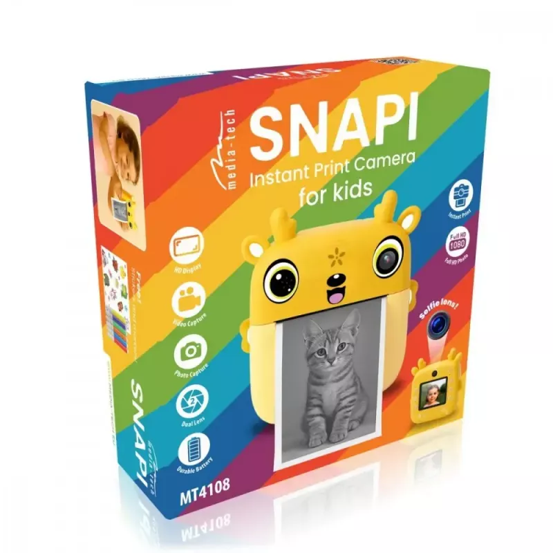 Children's digital camera MEDIA-TECH SNAPI MT4108 — 8 MP interpolated, 1280x720 LCD, 1000 mAh, USB-C, microSD slot, yellow