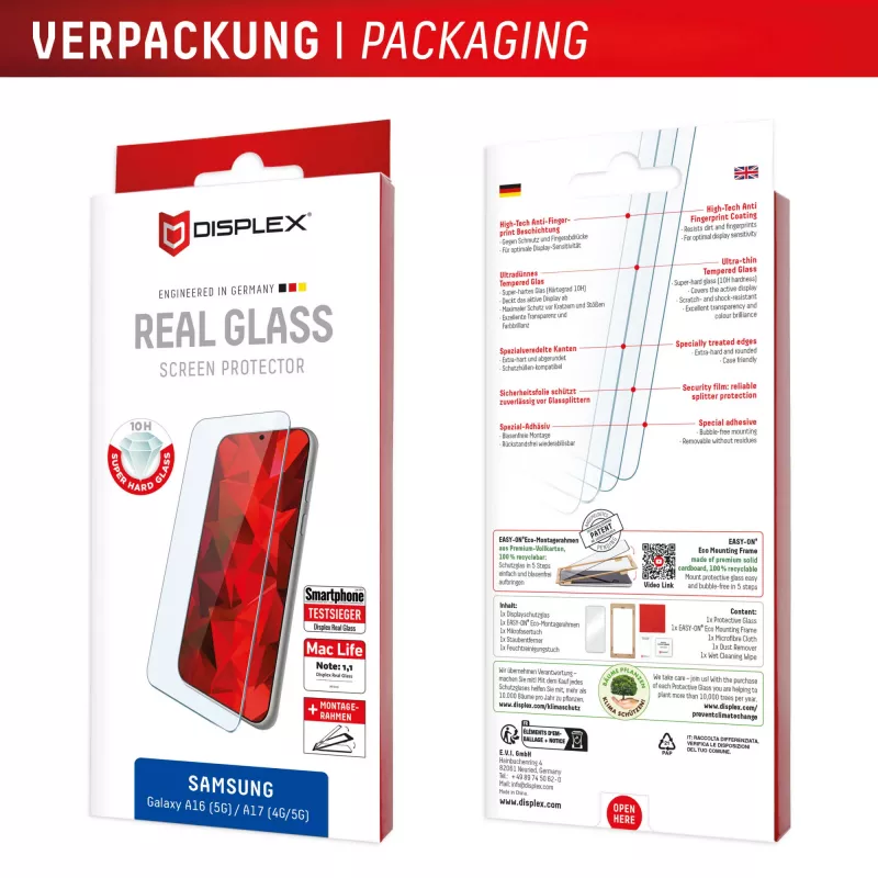 Displex Screen Protector (10H) for Samsung Galaxy A17 (4G/5G)/A16, Eco Mounting Frame, scratch resistant