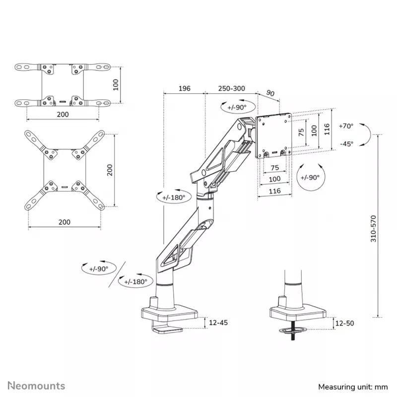 Neomounts DS70-256BL1 gaming monitor arm for 24–57 inch screens, gas spring, Topfix, 30 kg capacity, VESA 75–200 mm