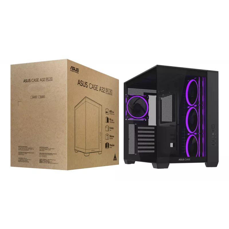 PC case ASUS A32 PLUS ATX, black — tempered glass, RGB fans, USB-C, supports ATX/Micro-ATX/Mini-ITX