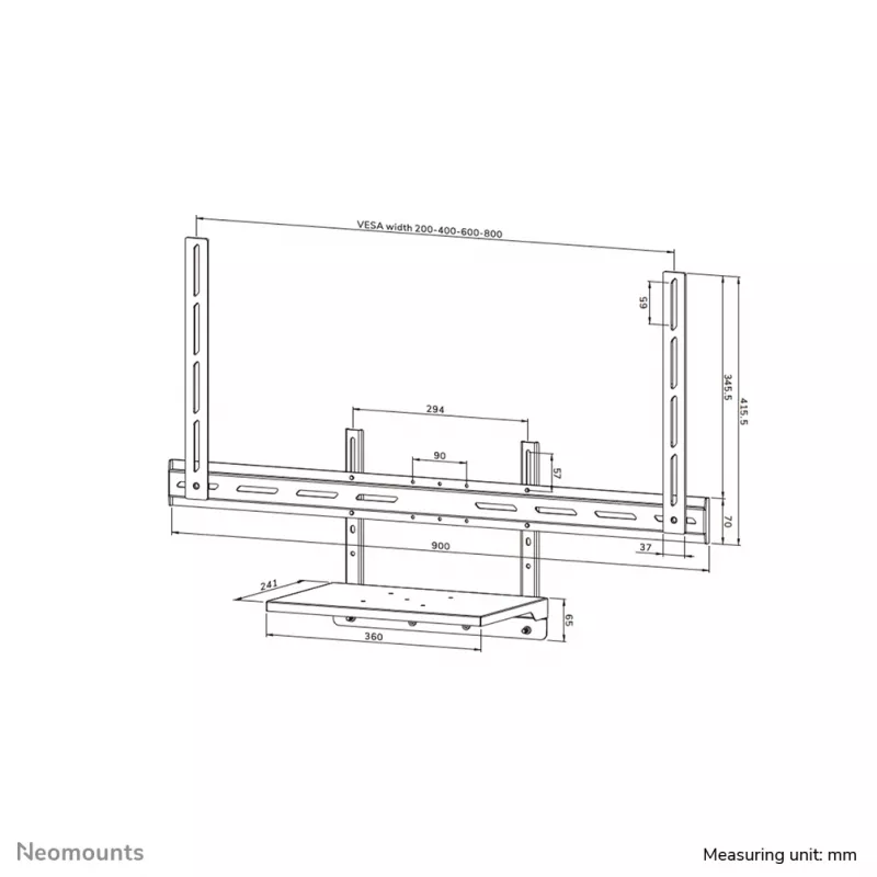 Neomounts Laptop shelf kit AV45-500BL for 43–110 inch screens, VESA up to 600x400, max 2.5 kg, 900×242×640 mm