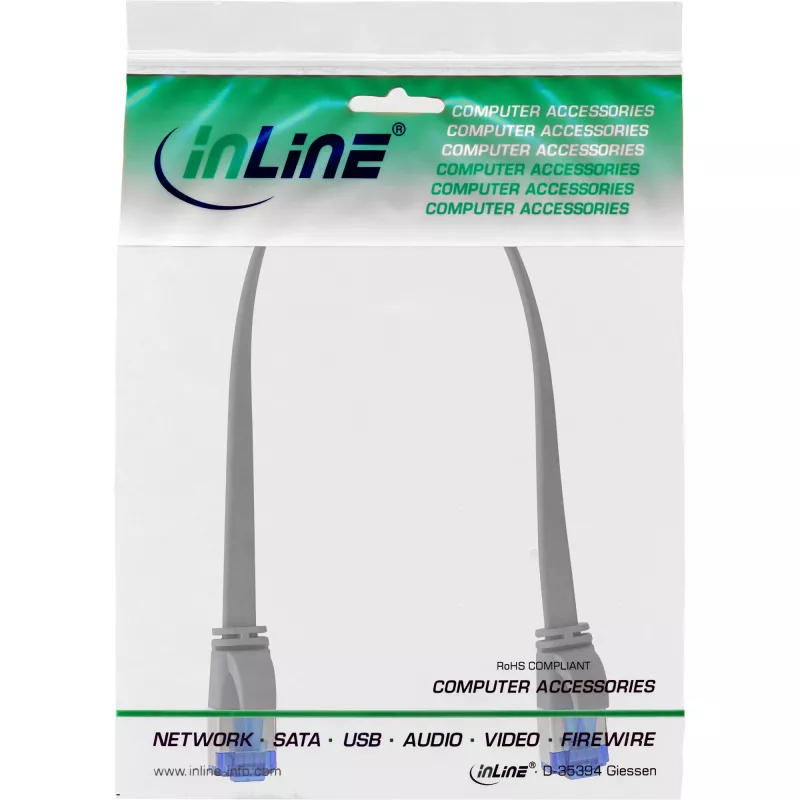 InLine Patch cable flat, U/FTP, Cat.6A, TPE halogen-free, grey, 0.25m
